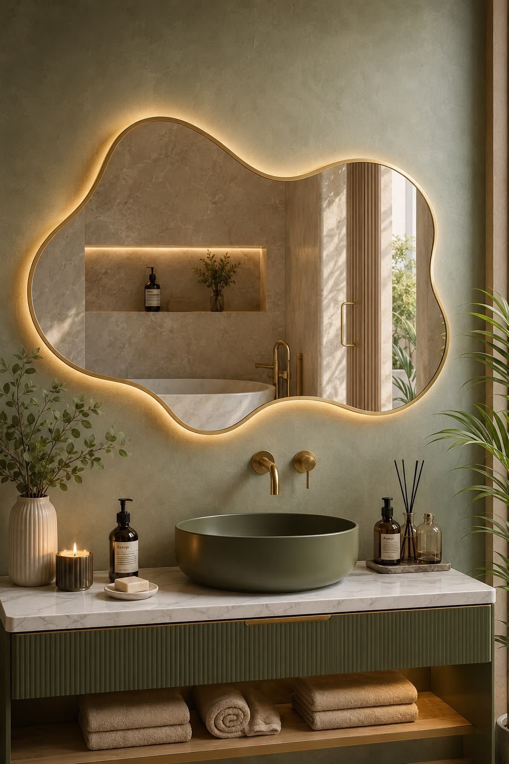 Illuminated LED mirror above a modern bathroom vanity