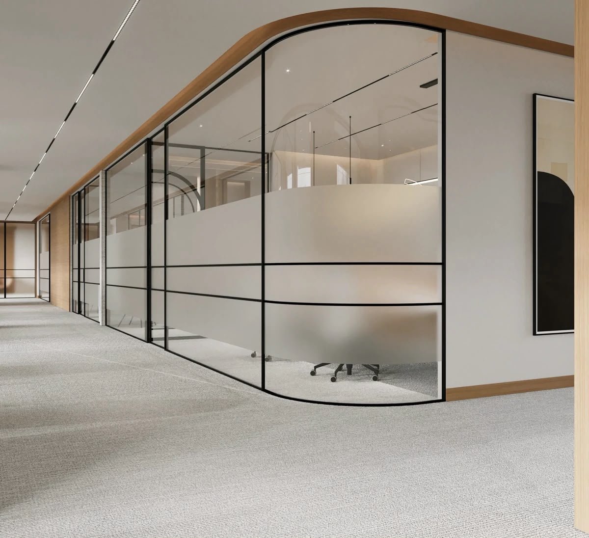 Premium aluminium framed glass partition in a modern interior