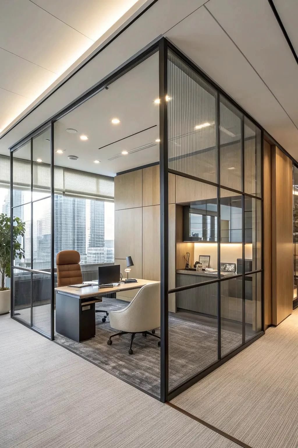 Stainless steel and glass partition in a commercial interior