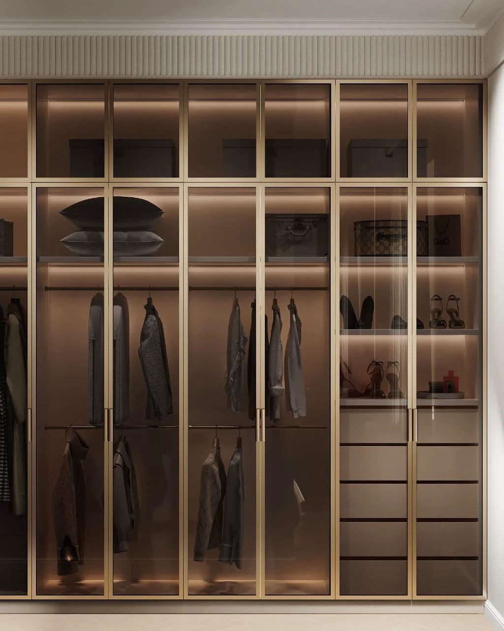 Modern wardrobe with slim aluminium profile doors